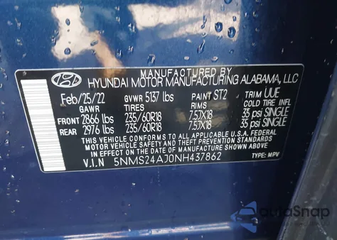 2022 Hyundai Santa Fe Sel from USA, damaged, VIN 5NMS24AJ0NH437862